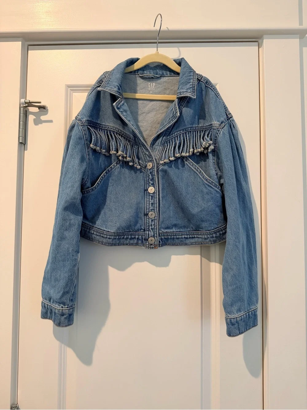 GAP Light Blue Denim Fringe Cropped Jacket